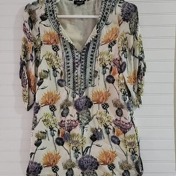 Tolani Floral Boho Tunic Top Womens Size Small Tassel Tie V Neck Sheer India - Picture 5 of 12